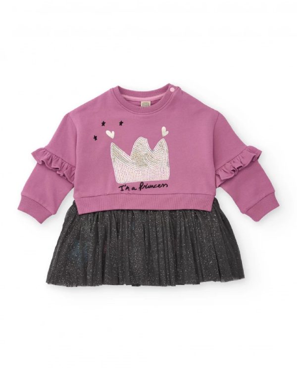 Tuc Tuc Vestito felpa per bambina rosa con volant e gonna in tulle glitterato MAUVE