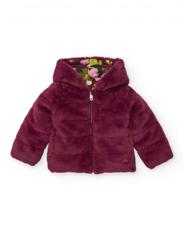 Tuc Tuc Giacca in pelliccia per bambina color bordeaux con cappuccio e fodera floreale MAGENTA