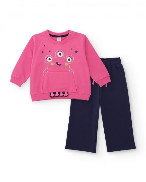 Tuc Tuc Completo per bambina con felpa rosa con design di mostro e pantaloni blu navy MAGENTA