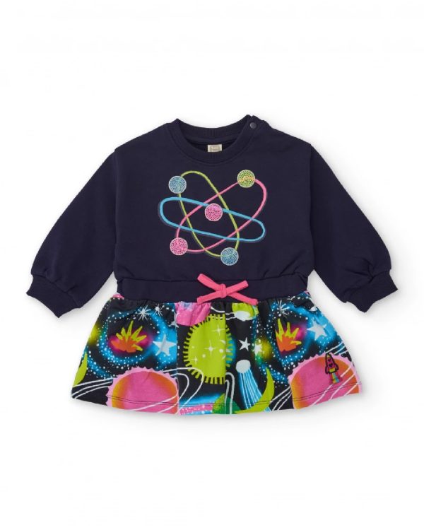 Tuc Tuc Vestito per bambina blu navy con stampa di pianeti e fiocco rosa decorativo dark blue