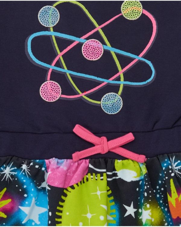 Tuc Tuc Vestito per bambina blu navy con stampa di pianeti e fiocco rosa decorativo dark blue - immagine 2