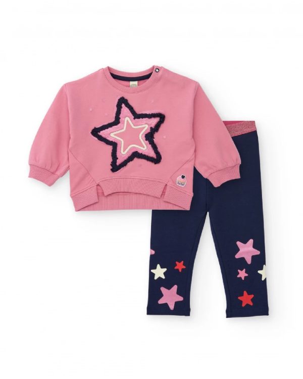 Tuc Tuc Completo per bambina con felpa rosa con stella ricamata e leggings blu navy con stampa di stelle PINK