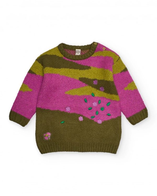Tuc Tuc Maglione in maglia per bambina nei colori verde oliva e fucsia con dettagli floreali ricamati MAGENTA