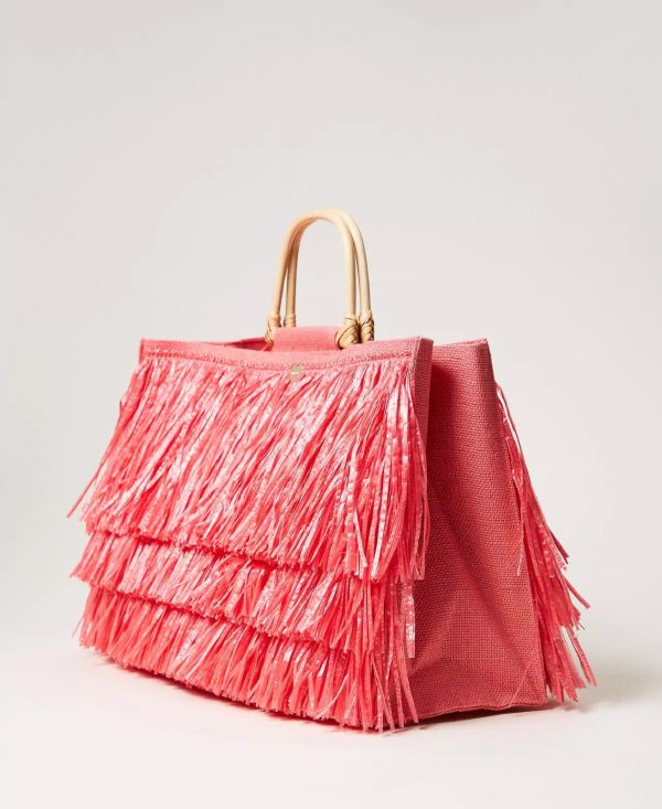 Twin Set Borsa shopper in juta con frange 251LM8ADD CORAL SUNSET