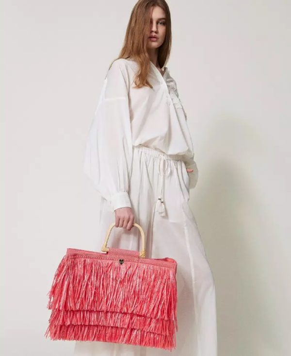 Twin Set Borsa shopper in juta con frange 251LM8ADD CORAL SUNSET - immagine 3
