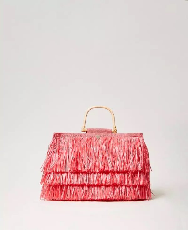Twin Set Borsa shopper in juta con frange 251LM8ADD CORAL SUNSET - immagine 4