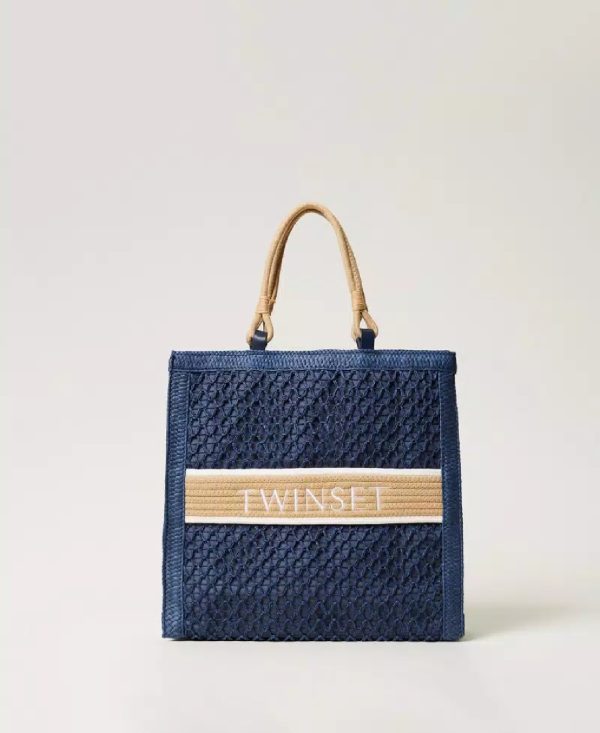 Twin Set Borsa shopper in paglia intrecciata blu CLASSIC BLUE