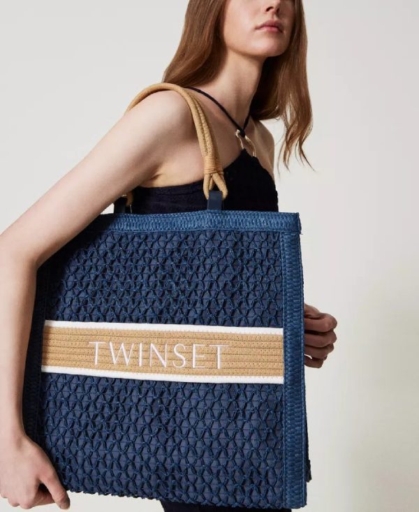 Twin Set Borsa shopper in paglia intrecciata blu CLASSIC BLUE - immagine 5