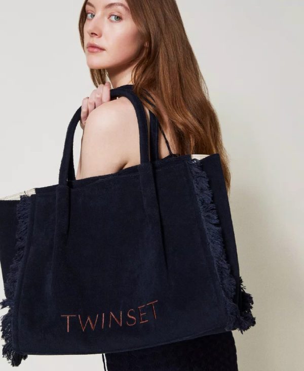Twin Set Shopper in spugna con frange CLASSIC BLUE