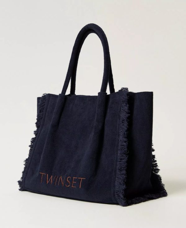 Twin Set Shopper in spugna con frange CLASSIC BLUE - immagine 4