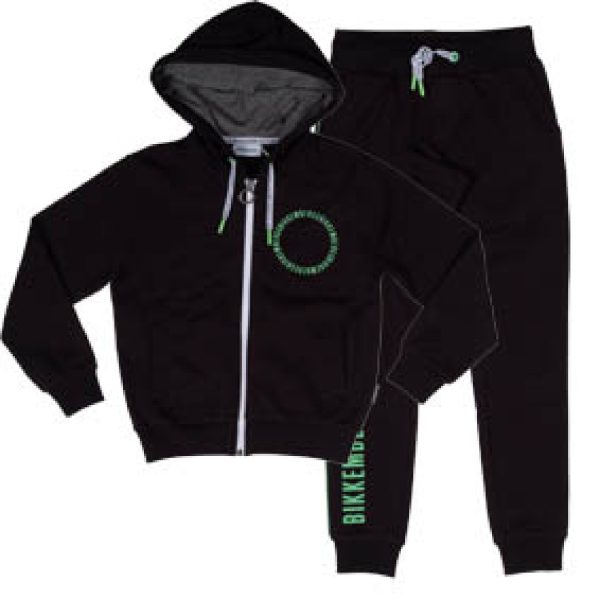 BIKKEMBERGS KIDS completo tua felpata maglia cappuccio e zip e pantalone tasche logo verde fluo bk1365