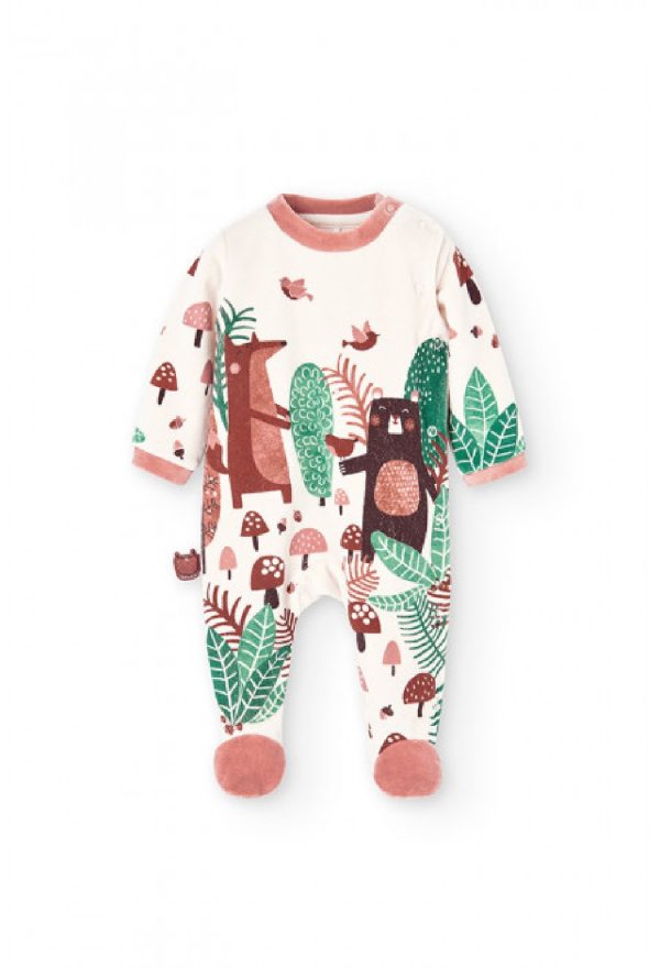 BOBOLI Tutina in ciniglia unisex stampata chiusura laterale  per neonati talco