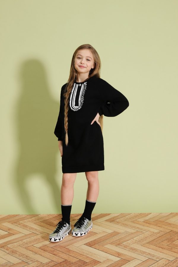 DIXIE abito bambina mini con spilla e ruches, cotone caldo nero