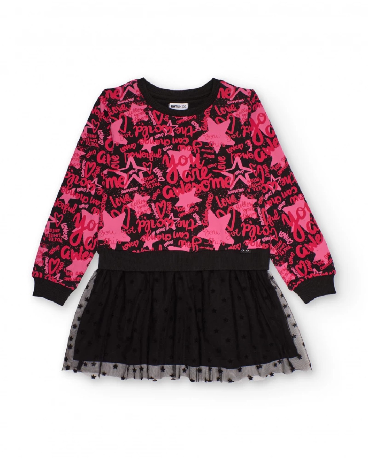 NATH KIDS Abito combinato per bambina con stampa fucsia e gonna in tulle nero RED