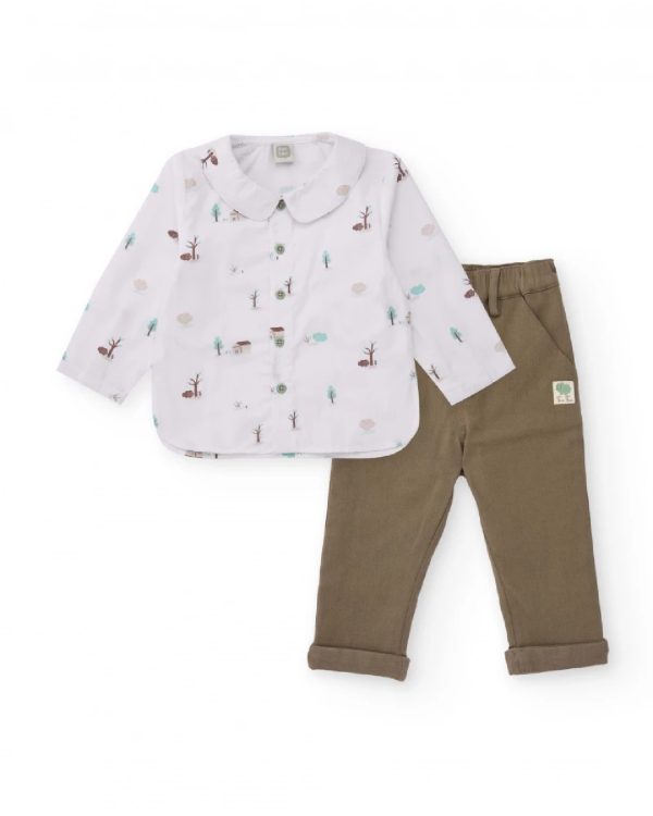 Tuc Tuc Completo di camicia e pantaloni per neonato con stampa di casette e alberi BEIGE