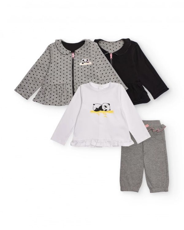 Tuc Tuc Set di quattro pezzi per bambina con design panda, che include giacche, maglietta e pantaloni in morbido cotone GREY