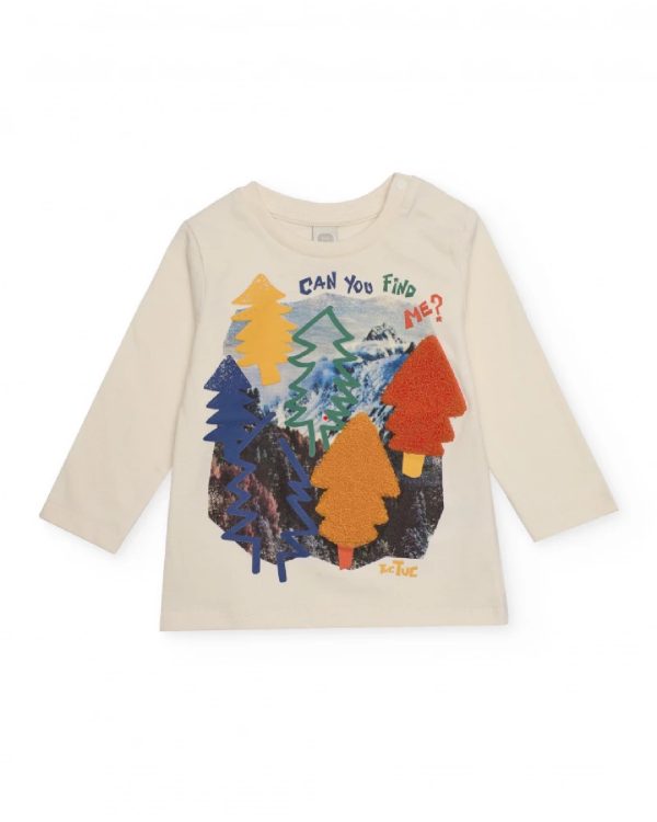 Tuc Tuc Maglietta a maniche lunghe per bambino color crema con stampa di alberi e frase decorativa ivory
