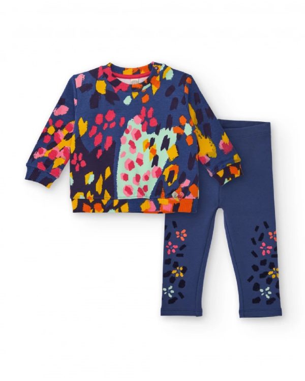 Tuc Tuc Completo per bambina con felpa e leggings a stampa colorata di macchie e fiori dark blue