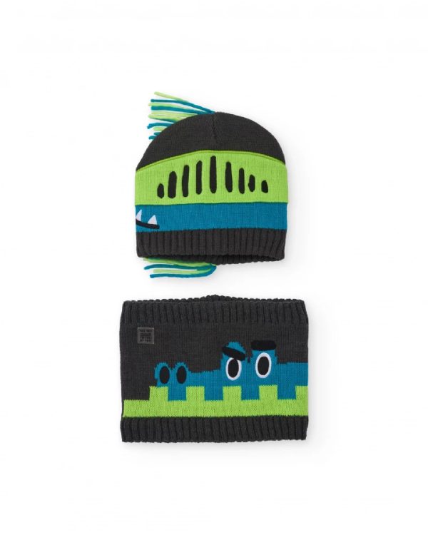 Tuc Tuc Set di berretto e scaldacollo grigio lavorato a maglia per bambini con motivo a dinosauro DARK GREY
