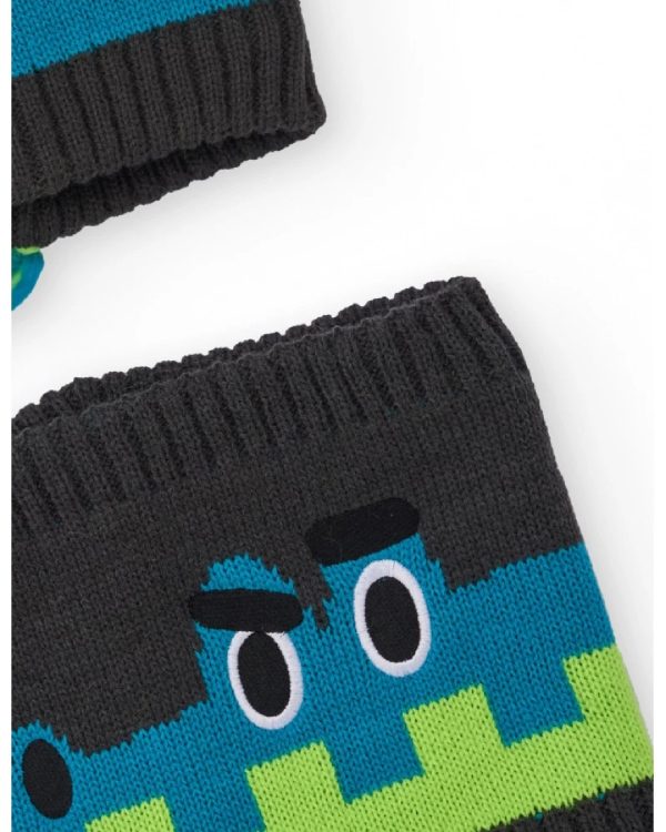 Tuc Tuc Set di berretto e scaldacollo grigio lavorato a maglia per bambini con motivo a dinosauro DARK GREY - immagine 2