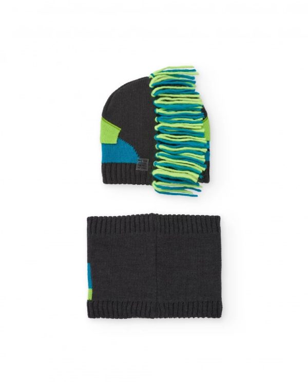 Tuc Tuc Set di berretto e scaldacollo grigio lavorato a maglia per bambini con motivo a dinosauro DARK GREY - immagine 4