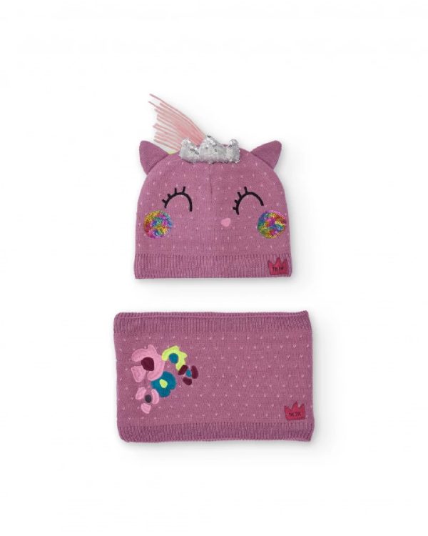 Tuc Tuc Set di berretto e scaldacollo in maglia per bambine rosa con motivo unicorno MAUVE