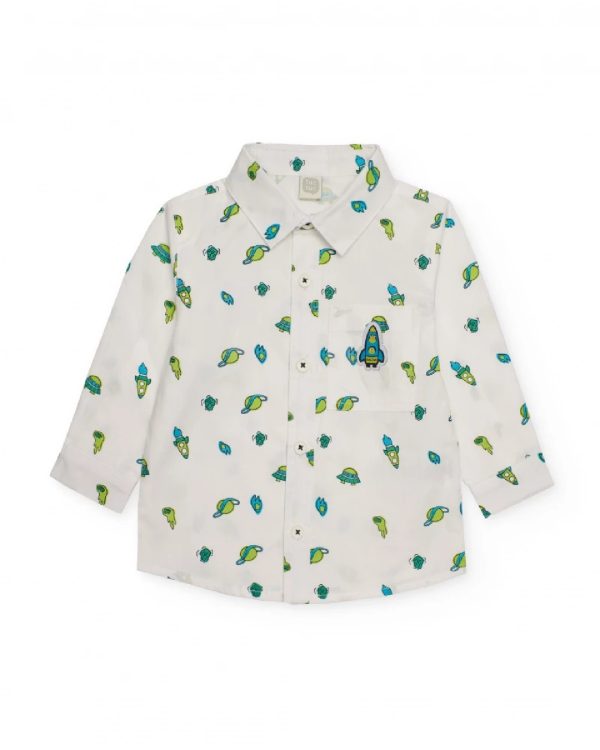 Tuc Tuc Camicia a maniche lunghe per bambino bianca con stampa a tema spaziale nei toni del verde e blu dark blue
