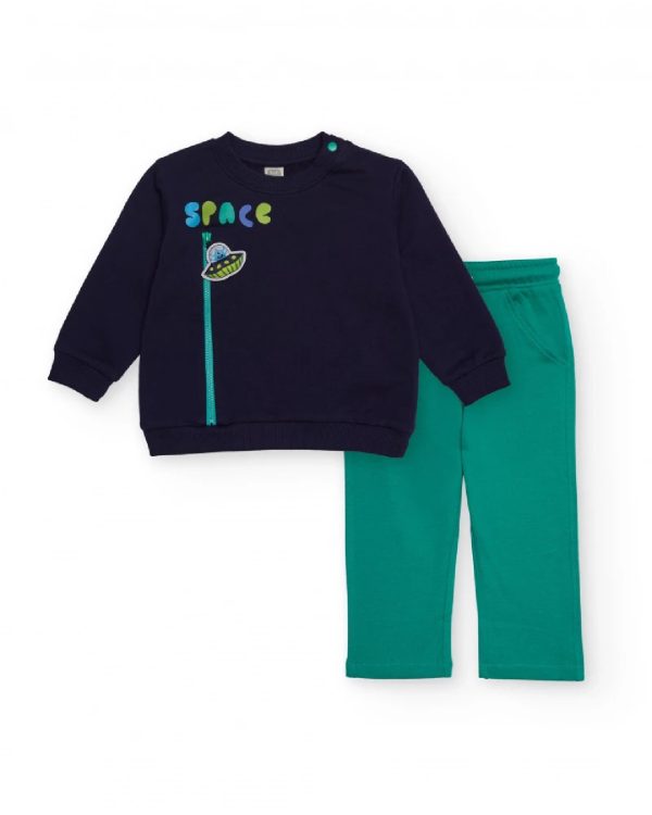 Tuc Tuc Completo felpa e pantaloni per bambino in blu navy e verde con stampa spaziale Green