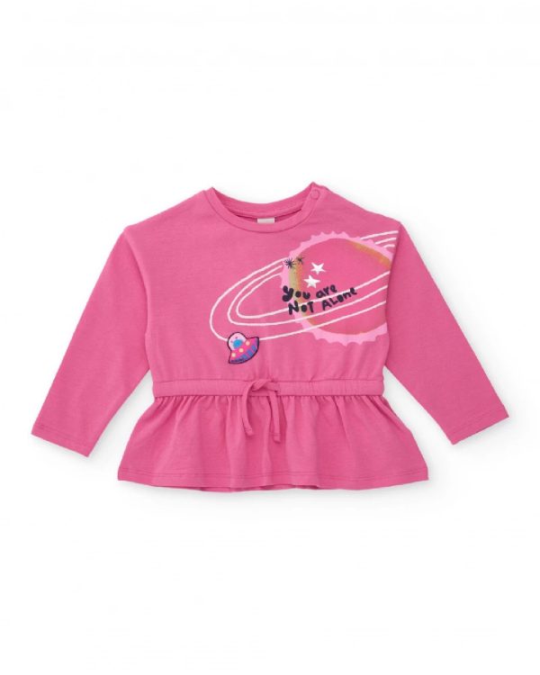 Tuc Tuc Blusa rosa a maniche lunghe per bambina con stampa spaziale e volant in vita MAGENTA